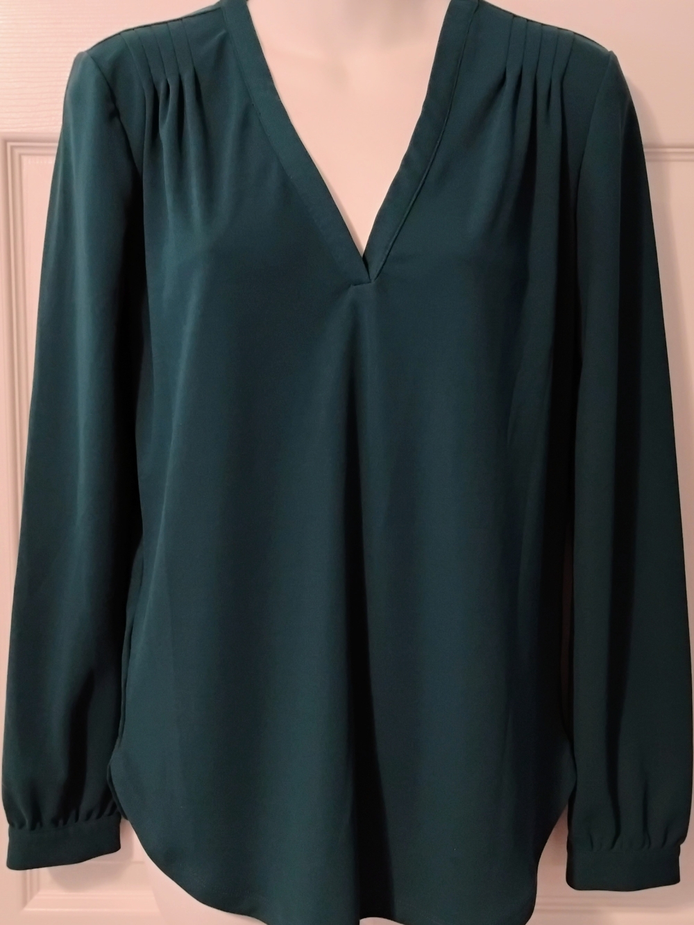 Ann Taylor Factory Teal V-Neck Blouse with Pleated Shoulders